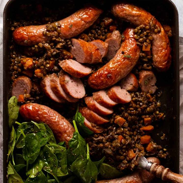 One pan baked sausage and lentils fresh out of the oven