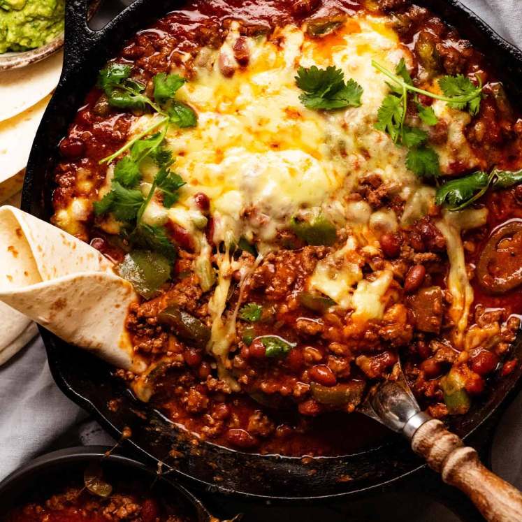 Overhead photo of Cheesy Mexican beef and bean casserole