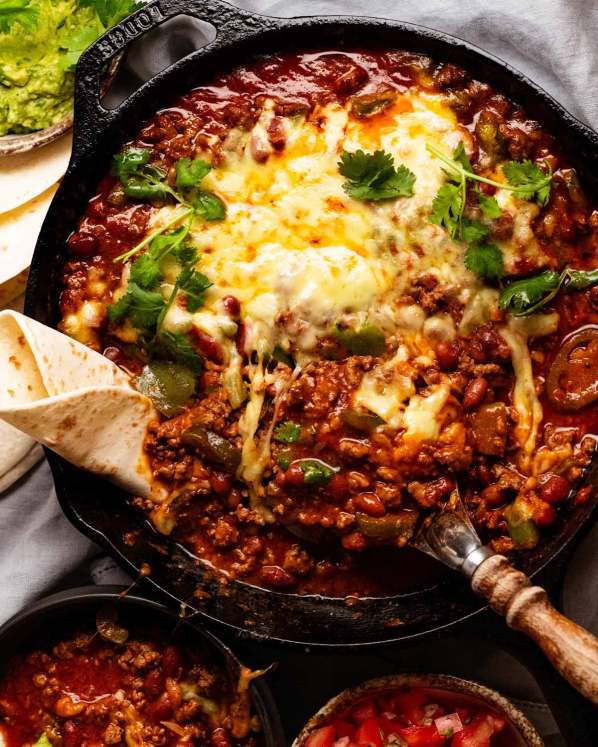 Overhead photo of Cheesy Mexican beef and bean casserole