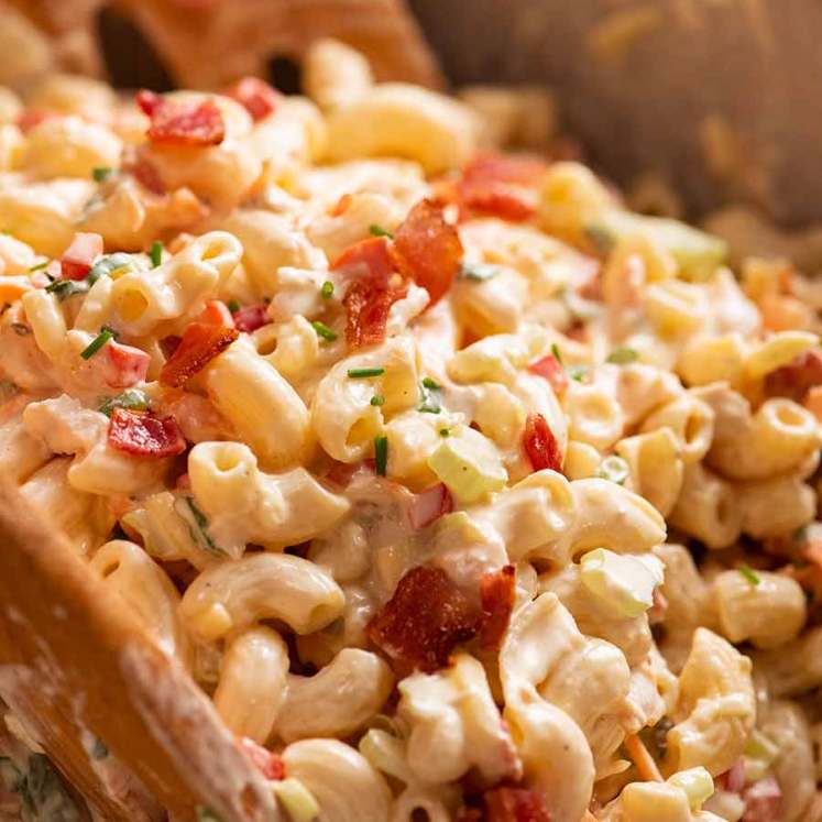 Close up photo of Chicken Pasta Salad with Creamy Dressing in a bowl