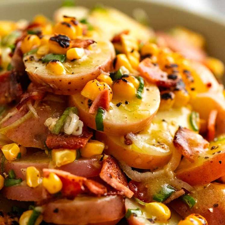Close up photo of Red Potato Salad with bacon and corn