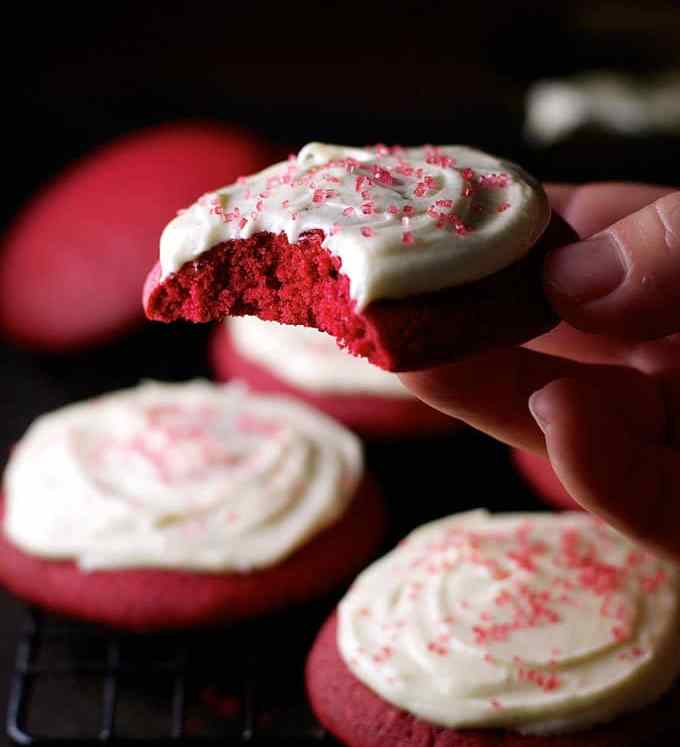 Closeup of Red Velvet Cookies with Cream Cheese Frosting